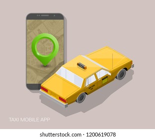 Yellow cab banner isometric. Online mobile application order taxi service illustration. Flat car vector isometric high quality banner. 3D taxi vehicle smartphone. Get a taxi online phone application
