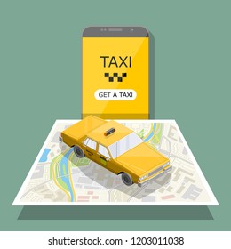 Yellow cab banner isometric. Online mobile application order taxi service illustration. Flat car vector isometric high quality banner. 3D taxi vehicle smartphone. Get a taxi online phone application
