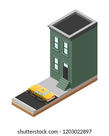 Yellow cab banner isometric. Online navigation application order taxi service. Isometry car vector isometric route banner. 3D taxi classic vehicle itinerary road. Get a taxi online phone application
