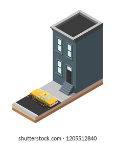Yellow cab banner isometric. Online navigation application order taxi service. Isometry car vector isometric route banner. 3D taxi classic vehicle itinerary road. Get a taxi online phone application