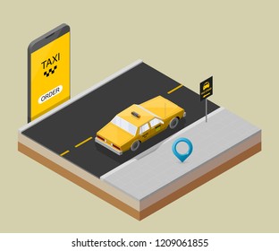 Yellow cab banner isometric. Online mobile application order taxi service illustration. Flat car vector isometric high quality banner. 3D taxi vehicle smartphone. Get a taxi online phone application