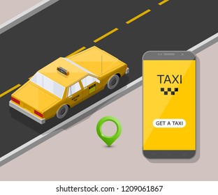 Yellow cab banner isometric. Online mobile application order taxi service illustration. Flat car vector isometric high quality banner. 3D taxi vehicle smartphone. Get a taxi online phone application