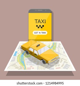 Yellow cab banner isometric. Online mobile application order taxi service illustration. Flat car vector isometric high quality banner. 3D taxi vehicle smartphone. Get a taxi online phone application
