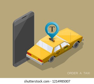 Yellow cab banner isometric. Online mobile application order taxi service illustration. Flat car vector isometric high quality banner. 3D taxi vehicle smartphone. Get a taxi online phone application