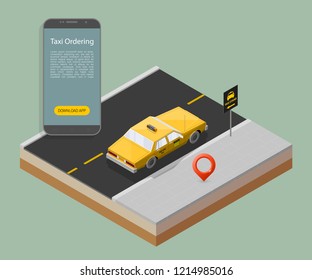 Yellow cab banner isometric. Online mobile application order taxi service illustration. Flat car vector isometric high quality banner. 3D taxi vehicle smartphone. Get a taxi online phone application