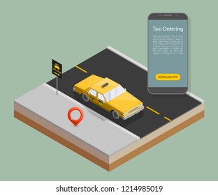 Yellow cab banner isometric. Online mobile application order taxi service illustration. Flat car vector isometric high quality banner. 3D taxi vehicle smartphone. Get a taxi online phone application