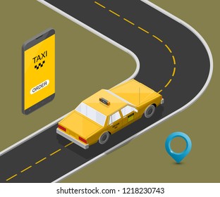 Yellow cab banner isometric. Online mobile application order taxi service illustration. Flat car vector isometric high quality banner. 3D taxi vehicle smartphone. Get a taxi online phone application