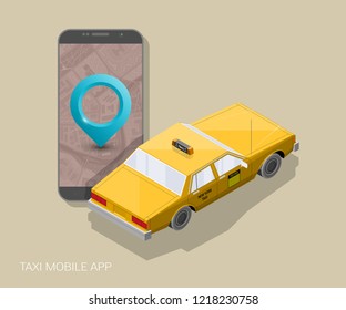 Yellow cab banner isometric. Online mobile application order taxi service illustration. Flat car vector isometric high quality banner. 3D taxi vehicle smartphone. Get a taxi online phone application