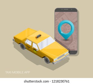 Yellow cab banner isometric. Online mobile application order taxi service illustration. Flat car vector isometric high quality banner. 3D taxi vehicle smartphone. Get a taxi online phone application