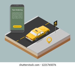 Yellow cab banner isometric. Online mobile application order taxi service illustration. Flat car vector isometric high quality banner. 3D taxi vehicle smartphone. Get a taxi online phone application