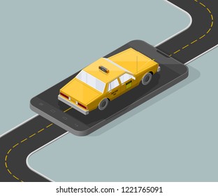 Yellow cab banner isometric. Online mobile application order taxi service illustration. Flat car vector isometric high quality banner. 3D taxi vehicle smartphone. Get a taxi online phone application