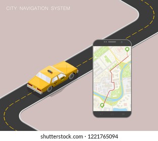 Yellow cab banner isometric. Online mobile application order taxi service illustration. Flat car vector isometric high quality banner. 3D taxi vehicle smartphone. Get a taxi online phone application