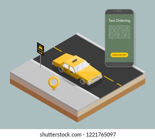 Yellow cab banner isometric. Online mobile application order taxi service illustration. Flat car vector isometric high quality banner. 3D taxi vehicle smartphone. Get a taxi online phone application