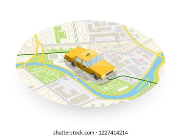Yellow cab banner isometric. Online mobile application order taxi service illustration. Flat car vector isometric high quality banner. 3D taxi vehicle smartphone. Get a taxi online phone application