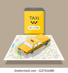 Yellow cab banner isometric. Online mobile application order taxi service illustration. Flat car vector isometric high quality banner. 3D taxi vehicle smartphone. Get a taxi online phone application