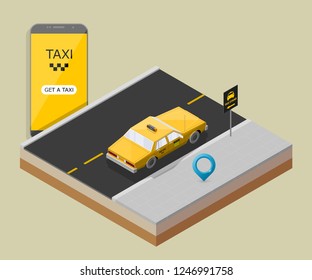 Yellow cab banner isometric. Online mobile application order taxi service illustration. Flat car vector isometric high quality banner. 3D taxi vehicle smartphone. Get a taxi online phone application