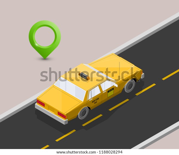 Yellow cab banner isometric. Online\
navigation application order taxi service. Isometry car vector\
isometric route banner. 3D taxi classic vehicle itinerary road. Get\
a taxi online phone\
application