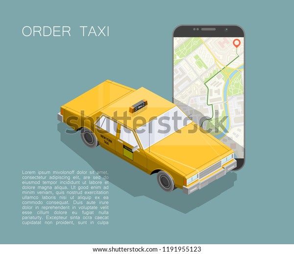 Yellow cab banner isometric. Online mobile
application order taxi service illustration. Flat car vector
isometric high quality banner. 3D taxi vehicle smartphone. Get a
taxi online phone
application