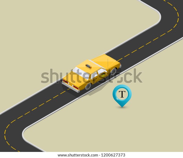 Yellow cab banner isometric. Online\
navigation application order taxi service. Isometry car vector\
isometric route banner. 3D taxi classic vehicle itinerary road. Get\
a taxi online phone\
application