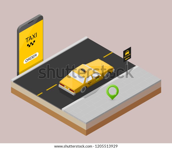 Yellow cab banner isometric. Online mobile\
application order taxi service illustration. Flat car vector\
isometric high quality banner. 3D taxi vehicle smartphone. Get a\
taxi online phone\
application
