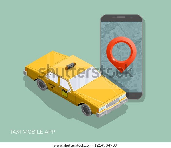 Yellow cab banner isometric. Online mobile
application order taxi service illustration. Flat car vector
isometric high quality banner. 3D taxi vehicle smartphone. Get a
taxi online phone
application