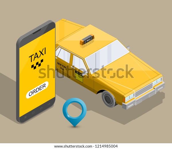 Yellow cab banner isometric. Online mobile\
application order taxi service illustration. Flat car vector\
isometric high quality banner. 3D taxi vehicle smartphone. Get a\
taxi online phone\
application