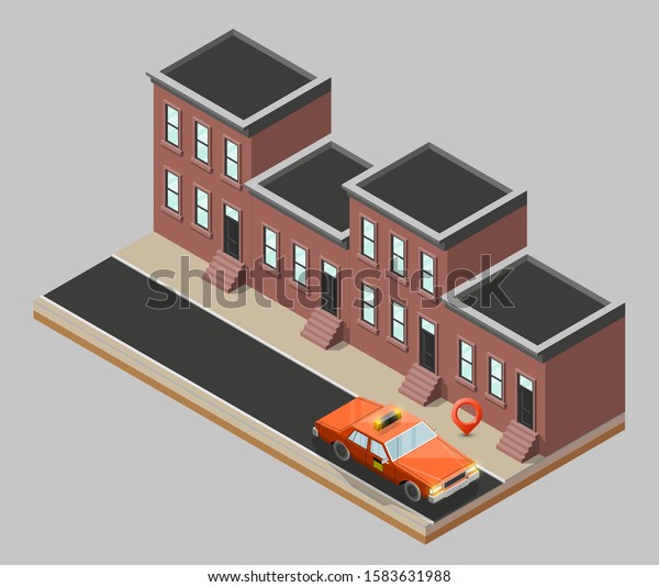 Yellow cab banner isometric. Online\
navigation application order taxi service. Isometry car building\
isometric route banner. 3D taxi classic vehicle itinerary road. Get\
a taxi online phone\
application