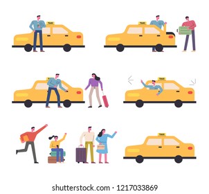 Yellow cab and cab character set waiting for guests. flat design style vector graphic illustration.