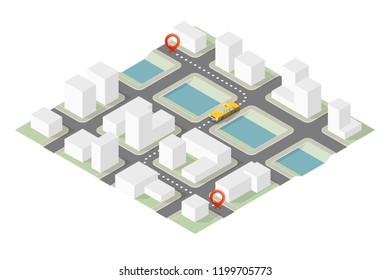 Yellow cab isometric city. Online navigation application order taxi service. Isometry car vector isometric route town. 3D taxi classic vehicle itinerary road city. Get a taxi online phone application