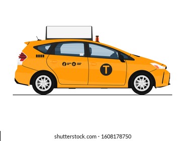 Yellow cab. Modern taxi in yellow. Side view. Flat vector.