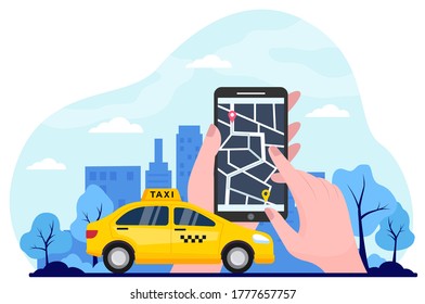 Un taxi amarillo en la carretera de la ciudad. Manos de personas que usan el servicio móvil para pedir o encontrar taxi. Mapa de la ciudad con ilustración vectorial de la ruta del coche