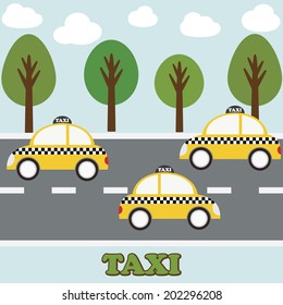 Yellow cab on a grey road.