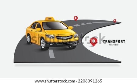 Yellow cab is parked on a curvy road and there are pins for transporting customers in many locations,vector 3d isolated on white background for transport concept design,taxi car for advertising design