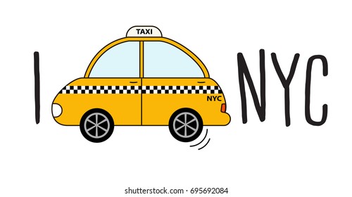 Yellow cab retro clipart on a white background. I love New York. Modern city print with car. Vector cartoon automobile travel design. Taxi NYC