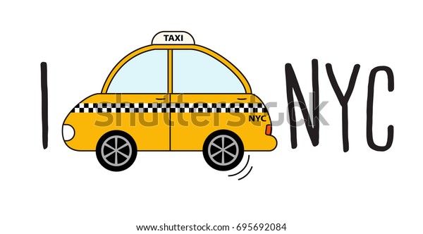 Yellow cab retro clipart on a white background. I\
love New York. Modern city print with car. Vector cartoon\
automobile travel design. Taxi\
NYC