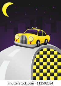 Yellow cab riding in the night on a grey road.