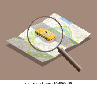 Yellow cab search isometric. Online navigation magnifier order taxi service. Isometry car search isometric route banner. 3D taxi classic vehicle itinerary road. Get a taxi online phone application