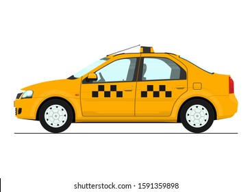 Yellow Cab. Side View Of Modern Cartoon Taxi In Yellow. Flat Vector.