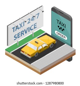 Yellow cab taxi 24/7 service isometric billboard banner. Online navigation application order classic taxi service. Isometry 3D vector car on road. Vehicle itinerary route banner. Get a taxi cab online