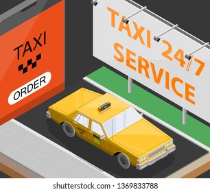 Yellow cab taxi 24/7 service isometric billboard banner. Online navigation application order classic taxi service. Isometry 3D flat car on road. Vehicle itinerary route banner. Get a taxi cab online