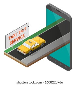 Yellow cab taxi 24/7 service isometric billboard banner. Online navigation application order classic taxi service. Isometry 3D app car on road. Vehicle itinerary route banner. Get a taxi cab online