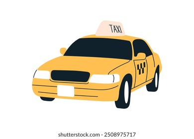 Yellow cab, taxi car, passenger auto, classic american taxicab with sign on roof, cab automobile, city ride service, urban road transport flat vector illustration.