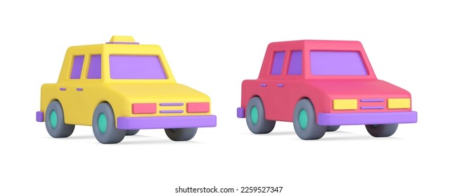 Yellow cab taxi and pink passenger sedan car for urban transportation 3d icon realistic vector illustration. Automobile with signboard speed city movement public commercial driving service