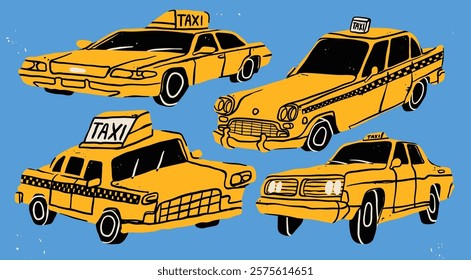 Yellow cab, Taxi set. Various cars or vehicles. Different types of cars. Automobile, motor transport, passenger transportation concept. Hand drawn trendy Vector illustration. Every car is isolated