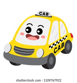 Yellow Cab or Taxi transportation cartoon character perspective view isolated on white background vector illustration.