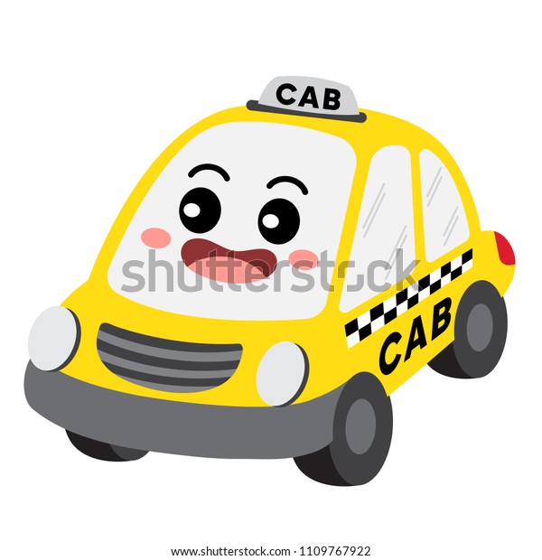 Yellow\
Cab or Taxi transportation cartoon character perspective view\
isolated on white background vector\
illustration.