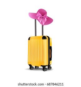 Yellow Cabin Luggage mock up, Suitcase, luggage and Woman`s summer pink hat isolated on white background. vector illustration.