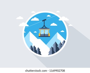 Yellow cable car in snowy mountains. Retro technology and transportation theme. Vector flat illustration.