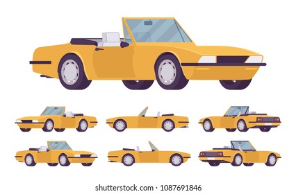 Conjunto de camiones de cabriolet amarillo. Vehículo de pasajeros con techo doblado, capota convertible, dos asientos, auto de diseño de lujo para disfrutar de un viaje y viaje. Dibujo de dibujos animados de estilo plano vectorial