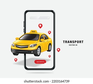 Los taxis amarillos flotan en el aire con todos los lugares para recoger clientes frente a sus smartphones para hacer anuncios sobre la plataforma para ejecutar servicios de taxi en aplicaciones en smartphones, vector 3d
